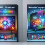 Generate a realistic high-definition image illustrating the comparison between QLED and Nanocell technologies. Show two large screens, one utilizing QLED technology with vibrant colors, contrasted with another employing Nanocell technology demonstrating brilliant hues. Ideally, each screen should be displaying high-tech imagery to hint at their futuristic potential. An embedded text banner beneath each screen will indicate 'QLED Technology' and 'Nanocell Technology' respectively.