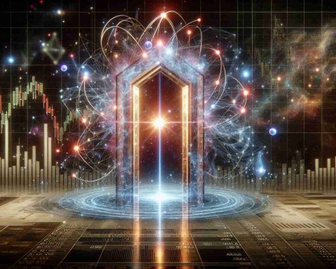 Create a realistic, high-definition image of a metaphorical representation of 'D-Wave Quantum Shares: A Gateway to the Future?'. Depict it as a futuristic gateway bathed in quantum light, with entangled particles depicting the concept 'Quantum Leap'. Surround the gateway with elements that reflect the stock market, such as bar charts, line graphs, and stock symbols, subtly showcased without dominating the scene.