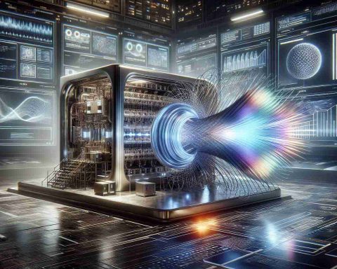 A hyperrealistic, full HD depiction of a symbolic representation of quantum computing's secrets being unlocked. The scene could include a large futuristic machine representing a D-Wave Quantum Computer placed centrally in a high-tech laboratory setting. The machine is surrounded by sophisticated computing interfaces filled with complex data charts illustrating the power and potential of quantum computing. Reveal beams of iridescent light emanating from this machine, indicating the transformative effect on various industries such as healthcare, communication and finance. Accompanying text may say 'Unlocking Quantum Computing's Secrets – Discover How Quantum Computing is Transforming Industries'.