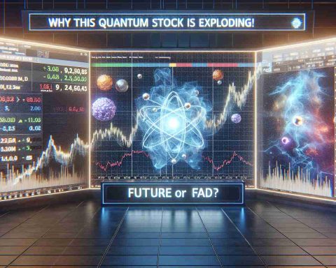 A realistic, high definition image representing the concept of a quantum stock exploding. The scene should portray a digital display with stock market graphs showing a drastic increase, along with the text 'Why This Quantum Stock is Exploding! Future or Fad?' The graph could be overlaid with imagery associated with quantum physics like atomic structures or quantum computers, symbolizing the 'quantum' aspect of the stock. The overall composition should provoke thoughts about the future of quantum technology in the stock market and whether it's a temporary trend or a lasting shift.