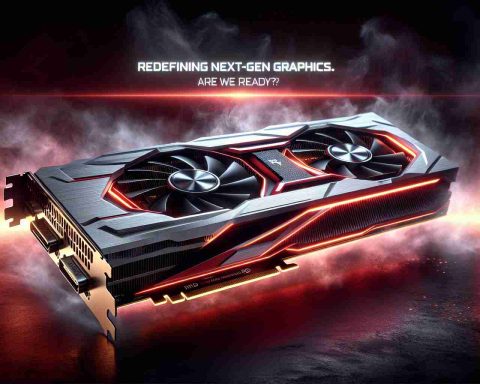 Realistic high-definition image of an imaginary next-generation graphics card dubbed as the 'AMD RX8700'. It should be sleek and modern, showcasing cutting-edge technology. The card is envisioned as being strikingly colored with predominantly fiery red accents on its cooler design. This is seen against a dramatic backdrop with text that reads: 'Redefining Next-Gen Graphics. Are We Ready?'