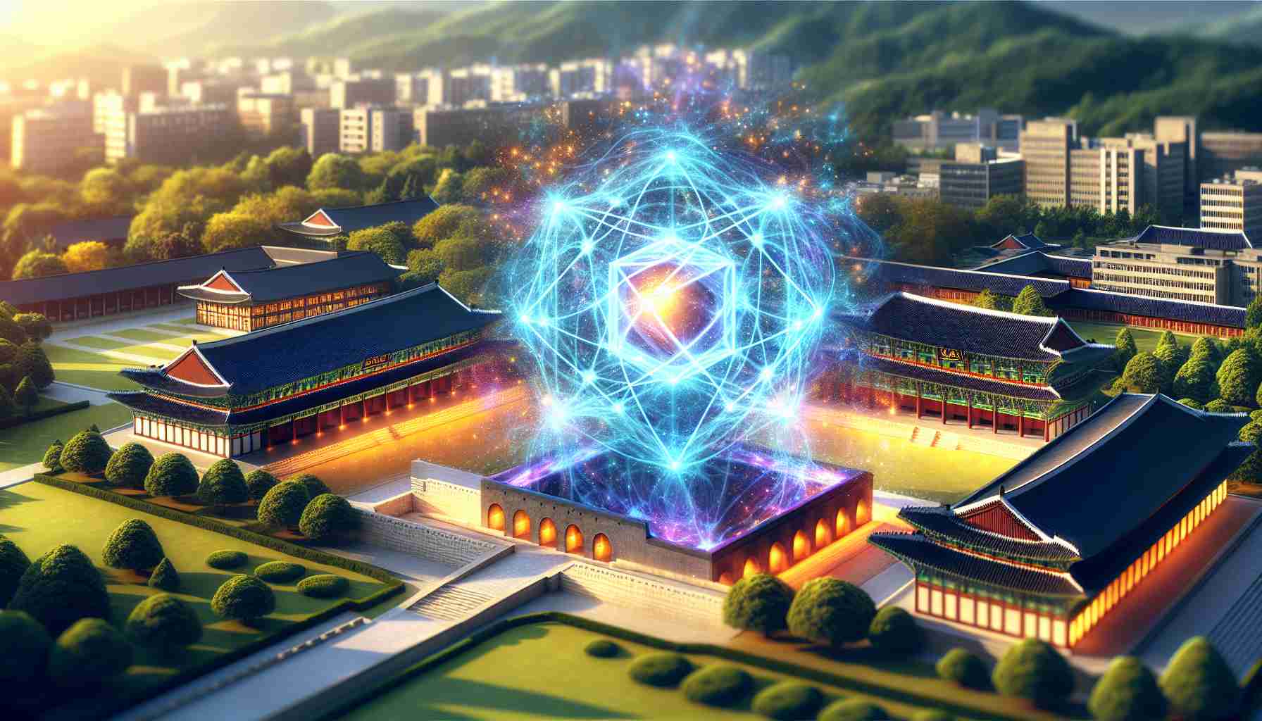 High-definition image of a new theoretical quantum computing breakthrough depicted as an abstract, luminously glowing quantum bit (qubit) model. In the background, portray an academic setting representative of Chungbuk National University, South Korea, including distinct Asian architectural elements and a campus full of vibrant greenery.