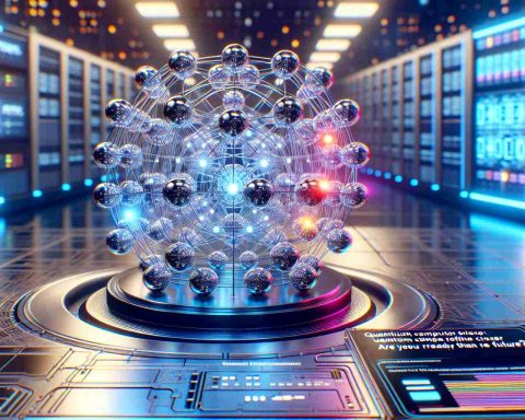 A realistic, high-definition image displaying an advanced quantum computer placed in a futuristic laboratory. The quantum computer is built with a network of interconnected quantum bits, represented by spherical nodes glowing with light in varying colors. The visual communication on the side reads 'Quantum Computers Are Closer Than Ever! Are You Ready for the Future?'