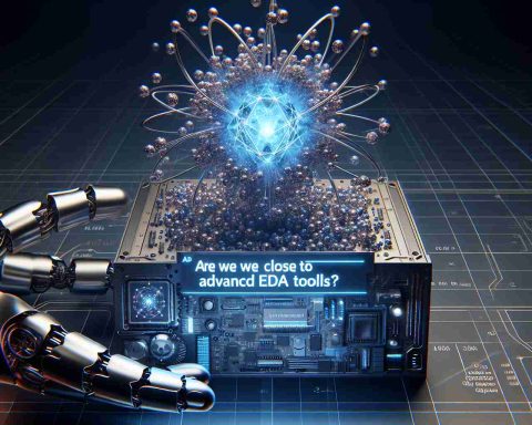 Render a realistic high-definition image of the concept illustrating Quantum Computing Revolution. Display stark representation of quantum particles and advanced EDA (Electrical Design Automation) tools, with a banner or text in the forefront that says 'Are We Close to Advanced EDA Tools?'