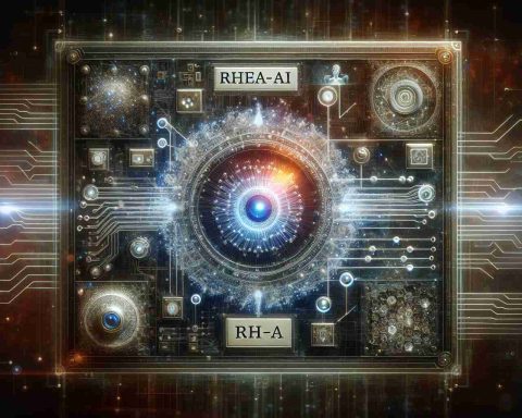 Create a detailed, high-definition image representing a breakthrough in computing. Show a sophisticated artificial intelligence system labeled as 'Rhea-AI', with it visibly changing the computing world. Display intricate aspects of the AI, such as its futuristic design, advanced algorithms, and superior processing power. Surround it with symbols of innovation and revolution.