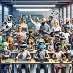 A high definition, realistic image showcasing the revolutionizing effect of cutting-edge technology on education. The image could feature an innovative, modern classroom environment with kids of various descents such as Caucasian, Black, Hispanic, Middle-Eastern, and South Asian. They should be interacting with advanced learning tools such as AR/VR headsets, interactive smartboards, and robotics. Tech-savvy teachers, both male and female of different ethnic backgrounds like White, Black, Hispanic, Middle-Eastern, could be guiding the students, indicating a forward-looking education system promoted by technology.