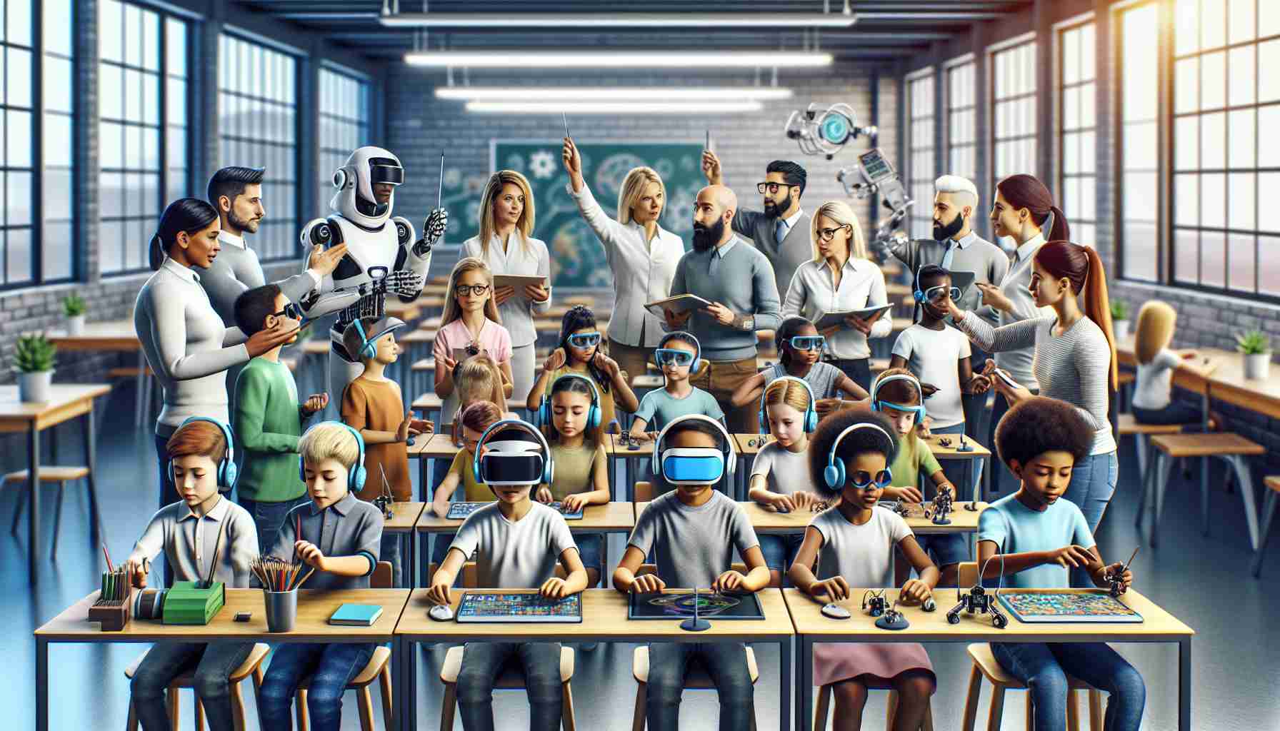 A high definition, realistic image showcasing the revolutionizing effect of cutting-edge technology on education. The image could feature an innovative, modern classroom environment with kids of various descents such as Caucasian, Black, Hispanic, Middle-Eastern, and South Asian. They should be interacting with advanced learning tools such as AR/VR headsets, interactive smartboards, and robotics. Tech-savvy teachers, both male and female of different ethnic backgrounds like White, Black, Hispanic, Middle-Eastern, could be guiding the students, indicating a forward-looking education system promoted by technology.