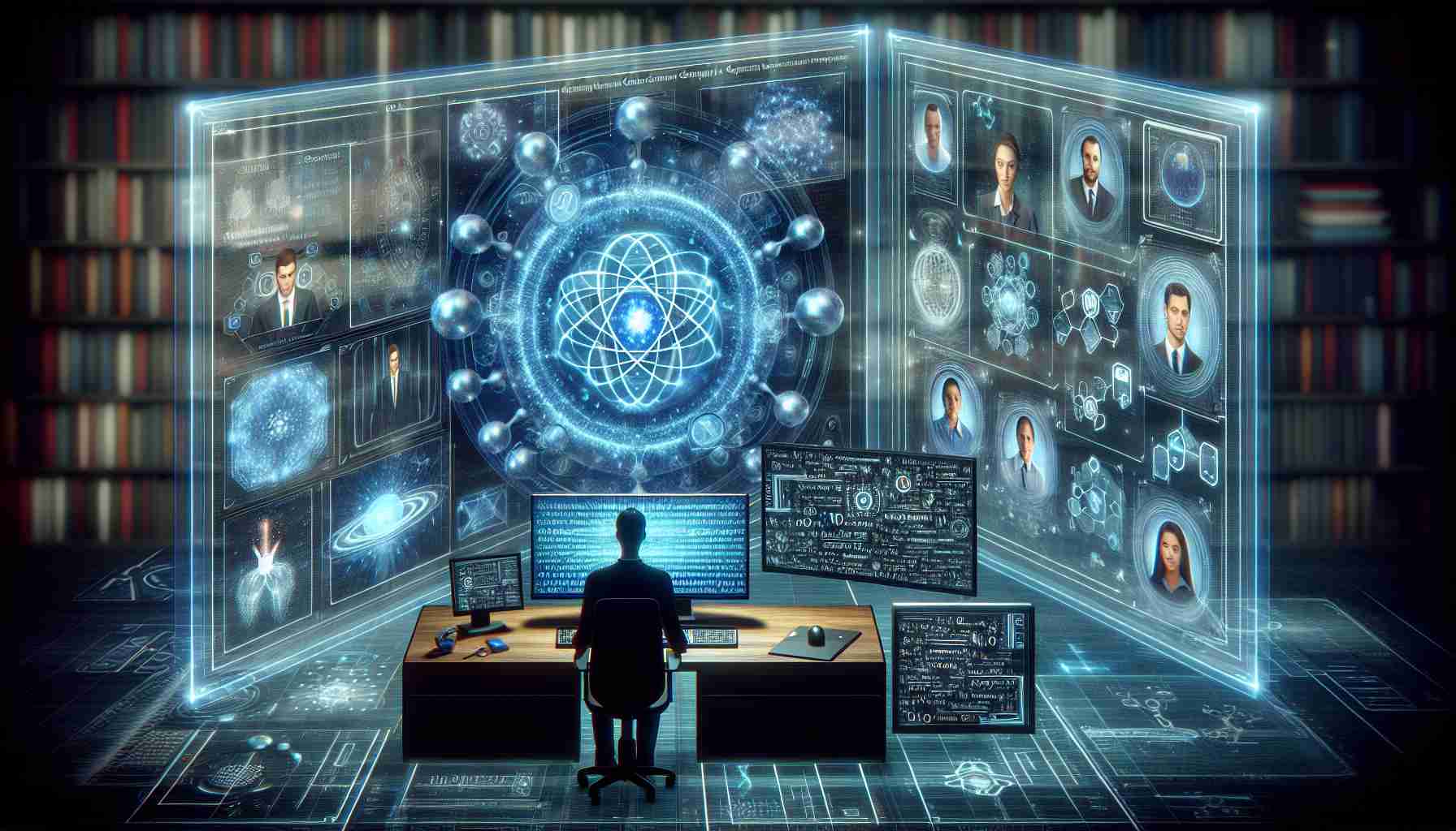 A high-resolution, realistic image showcasing the concept of quantum computing's influence on work futures. The scene includes a futuristic digital workstation occupying the central space, surrounded by holographic screens projecting complex quantum computing data, algorithms, and equations. At the periphery, there's a depiction of various careers emblematic of the Information Technology field represented by different professional icons.