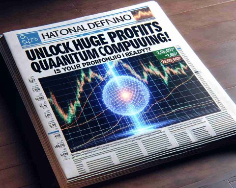 A high-definition, realistic image of a compelling financial newspaper frontpage. The headline reads 'Unlock Huge Profits with New Quantum Computing Advances! Is Your Portfolio Ready?'. Surrounding the headline are fictional stock market graphs, pointing upwards and indicating positive growth. A side column might include an image symbolizing quantum computing — perhaps a glowing qubit or a complex algorithm — to visually associate the concept with the headline.