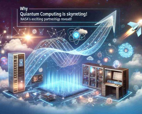 Create a high-definition, realistic image that visually interprets the concept of quantum computing skyrocketing. The image should show symbolic elements such as soaring lines and graphs, a futuristic computer station, and space-themed elements to hint at NASA's involvement. Include a banner at the top with the text: 'Why Quantum Computing is Soaring! NASA’s Exciting Partnership Revealed!'.