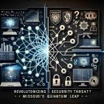 Generate a realistic high-definition image representing the concept of 'Revolutionizing Research or Security Threat?' in relation to Missouri's Quantum Leap. The image should visually depict the duality of innovation and risk associated with technological advancements, especially in the field of quantum research. This could be emblemized by a half image demonstrating quantum computers, symbols, equations symbolizing breakthrough research and the other half showing security symbols, locks or shields, representing potential threats. The word 'Missouri' could be subtly incorporated into the design, perhaps in the form of a state outline or emblem.