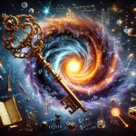 A vivid and striking high-definition composition that toy stories a quintessential scientific journey. At the centre is a giant, ornate, antique golden key, levitating and unlocking an ethereal, swirling cosmic portal. The portal is teeming with glowing stars, nebulas, and galaxies, symbolizing the secrets of the universe. Dotted around are items and symbols representing the search for quantum gravity, including small, stylized, glowing quantum particles; equations scribbled in the air in glowing white; warped spacetime visualizations; and scientific instruments like an old-fashioned telescope and a futuristic quantum computer.