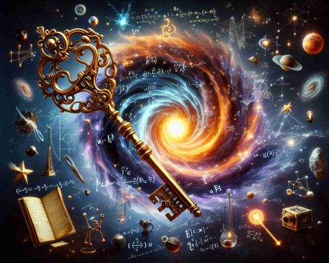 A vivid and striking high-definition composition that toy stories a quintessential scientific journey. At the centre is a giant, ornate, antique golden key, levitating and unlocking an ethereal, swirling cosmic portal. The portal is teeming with glowing stars, nebulas, and galaxies, symbolizing the secrets of the universe. Dotted around are items and symbols representing the search for quantum gravity, including small, stylized, glowing quantum particles; equations scribbled in the air in glowing white; warped spacetime visualizations; and scientific instruments like an old-fashioned telescope and a futuristic quantum computer.