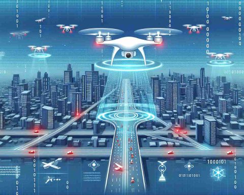 Illustration of a sophisticated drone traffic management system. Display how drones navigate the cityscape in HD, avoiding collision with towers and buildings and ensuring smooth traffic. Underneath the surface, portray an array of binary codes, suggesting the conjunction of AI and quantum computing, creating an epicenter of advanced technological applications.