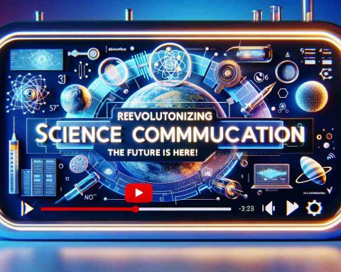 High-definition realistic image of a hypothetical YouTube episode thumbnail for a show centered on innovative science communication. The title displayed on the thumbnail is 'Revolutionizing Science Communication. The Future is Here!' It displays elements related to both technology and science to give a futuristic feel. The colors are vibrant, and the title text is bold and engaging, designed to grab the attention of potential viewers. The backdrop could feature a dynamic design, that truly showcases the revolution and future of science communication.