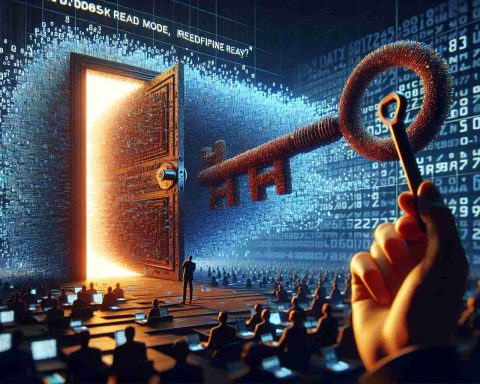 Create a high-definition, realistic image that signifies the concept of 'Unlocking Data's Future.' Visualize a massive door, symbolizing the 'Data,' constructed from millions of numbers and symbols. A 'key,' designed as a technologically advanced device, is seen, redefining the traditional reading mode of data. Include the text - 'Spark Read Mode, Redefined! Are You Ready?' as part of the image design.