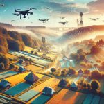 Generate a high-definition photo that realistically portrays the concept of revolutionizing aerial innovation within the context of Ukraine. Include imagery of innovative aerial technology like drones or advanced aircrafts, with a scenic backdrop showcasing characteristic Ukrainian landscapes or architecture.