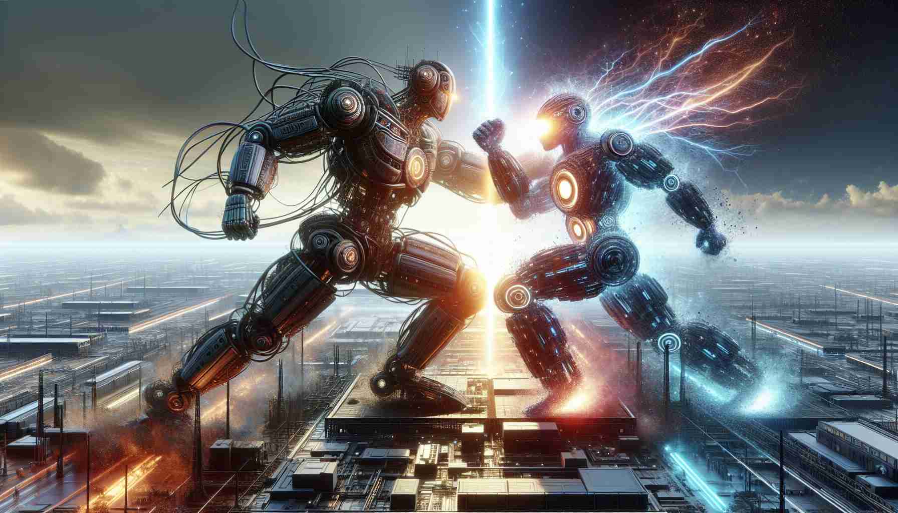 A highly detailed and realistic illustration of a visual metaphor representing the rivalry between two advanced television technologies, one called NanoCell and the other QNED. The image portrays two colossal, futuristic robots in intense competition. The NanoCell robot, sleek and covered in nanotech-inspired armor, grapples with the QNED robot, which radiates intense light, symbolizing Quantum dot and Nano Emitting Diode technology. In the background, an expansive industrial landscape indicates an advanced technological world.