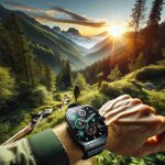 Craft a hyper-realistic, high-definition image that encapsulates the adventure of outdoor exploration with a sleek, technologically advanced smartwatch named Durawatch on a person's wrist. The watch should showcase multiple complex functionalities, displaying its integration with nature. The environment should be filled with lush greenery, dense forests, untamed wilderness, and rugged mountain trails contrasting with the futuristic design of the smartwatch. The person wearing the watch could be involved in adventurous activities like hiking, camping, or bird watching. A beautiful sun rise or sun set can add more drama to the scene.