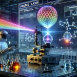 An HD image showcasing liquid lasers that are revolutionizing technology. The scene should depict a laboratory where a scientist is working with a device that emits a Germanium-based laser beam emitted from a liquid medium. The laser is illuminating a prism, creating a vividly colorful spectrum on the lab's wall. Pay attention to the smallest details, like the scientist's protective gear, the lab instruments, and the potency and patterns of the laser projections, symbolizing a game-changing evolution in the field. Maintain a realistic style for authentic representation of this technological evolution.