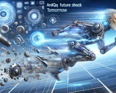 A high-definition, realistic photo depicting the future of technology, with emphasis on how such advancements will significantly transform tomorrow. The image should have an innovative theme, possibly involving advanced machinery, software solutions, robotics, and other elements that can represent the term 'ARQQ Future Shock'.