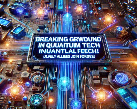 High-definition realistic image of a tech-themed headline 'Breaking New Ground in Quantum Tech! Unlikely Allies Join Forces.' Imagine futuristic quantum technology, with sleek and modern designs, rich with vibrant lights and advanced materials. Think of wires, circuits, high-tech computer screens, holograms, emitter arrays, and advanced scientific instruments. All these elements are intricately put together in a fast-paced, high-energy tech lab environment. The headline floats above this scene, written in bold, electric blue letters, capturing the essence of this quantum tech breakthrough.