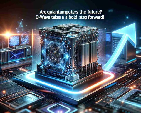 A high-definition realistic image showcasing the concept of quantum computing. In the foreground, visualize a complex quantum computer with futuristic design, surrounded by advanced technological elements. A symbolic step forward, a neon glowing arrow, is integrated into the scene, suggesting a bold leap towards the future. The quote 'Are Quantum Computers the Future? D-Wave Takes a Bold Step Forward!' appears as a headline in modern, sleek lettering, embedding this concept into the image.