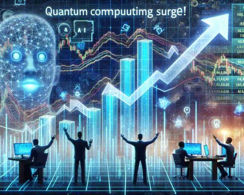 Generate an image depicting an intricate, realistic HD scene of the stock market showing a stark rise in quantum computing stocks. Indicate this with arrows pointing upward on the bar chart and characters excitedly analyzing the data. At the same time, AI stocks show a slight decline, noted by a smaller arrow pointing downward. Combine these elements with an overlay of finance and technology news headlines that read 'Quantum Computing Stocks Surge! Is AI Losing Its Shine?'