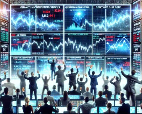 Generate a realistic high-definition image of a dynamic stock market scene. Include various investors eagerly engaging with digital displays, their faces filled with anticipatory excitement. The screens should clearly reflect an upward trend in Quantum Computing-related stocks. Include captions on the screens saying 'Quantum Computing Stocks are trending!' and 'Don't Miss Out on This Boom!'