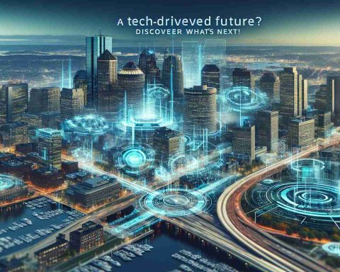 Generate a realistic HD image of a futuristic cityscape, possibly representing Boston, with a prominent display of advanced technology in the architecture and infrastructure. The city should exude an air of excitement and anticipation. Overlaying this scene should be a text headline reading 'A Tech-Driven Future? Discover What’s Next!'