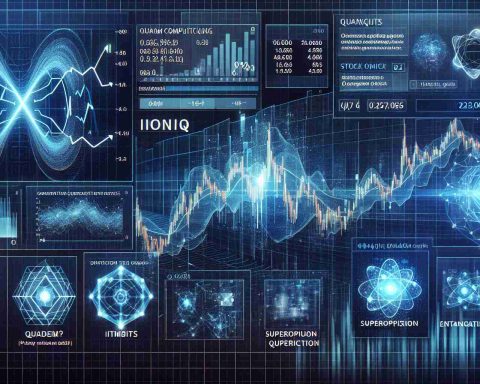 Generate a realistic high definition image portraying a chart, showcasing a surge in stock prices, labeled as 'IonQ'. Also, include an imagery showcasing futuristic quantum computing concepts such as quantum bits (qubits), entanglement, superposition, and quantum gates. Please note the image should not give any commercial advice.