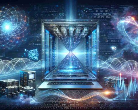 An illustrative image representing the future of computing revolutionized by quantum technology. The scene could include a high-speed quantum computer, glowing with energy; traces of binary numbers cascading, symbolizing advanced computations; and scientific imagery related to quantum mechanics, such as quantum bits (qubits), entangled particles, and wave functions. All of this imbued with a feel of futuristic technology and innovation. This creation should capture the intersection of science and technology in a highly detailed, realistic manner.