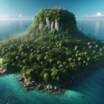 Generate a realistic, high-definition image showcasing the mysterious and intriguing island of Marlow. It should depict lush, untouched vegetation and an atmosphere of tranquility. The image should suggest the island's isolation and uniqueness, with cryptic features that add to its enigma - perhaps some inexplicable stone structures or unusually shaped trees. The ocean surrounding the island should be pristine, sparkling under the clear blue sky, indicating the unspoiled character of this mysterious land.