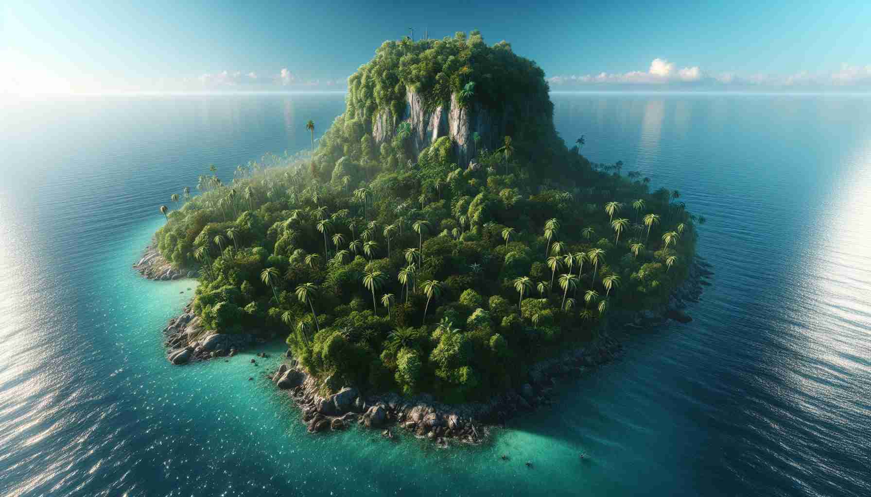 Generate a realistic, high-definition image showcasing the mysterious and intriguing island of Marlow. It should depict lush, untouched vegetation and an atmosphere of tranquility. The image should suggest the island's isolation and uniqueness, with cryptic features that add to its enigma - perhaps some inexplicable stone structures or unusually shaped trees. The ocean surrounding the island should be pristine, sparkling under the clear blue sky, indicating the unspoiled character of this mysterious land.