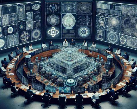 An intricate, high-definition image of a meeting at an aerospace control centre. Multiple scientists of varied descent and gender - including Caucasian, Black, Hispanic, Middle-Eastern, and South Asian - are gathered around a large table, engrossed in discussion. On the table lie blueprints for quantum computing technology, marked with complex formulas and circuit diagrams. In the background, large screens display related data, and the logo of an imaginary space organisation. The entire scene represents a pioneering technological collaboration in quantum computing.