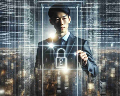 A high-definition realistic image depicting the future of cybersecurity. It shows an individual of East Asian descent, clad in a professional outfit, unlocking a transparent digital door with lines of code acting as the lock. Behind the open door, an innovative and technologically advanced metropolis is visible, symbolizing a safer digital world. Meticulous attention is given to light effects, intensity, and reflections to create a crisp, modern feel.