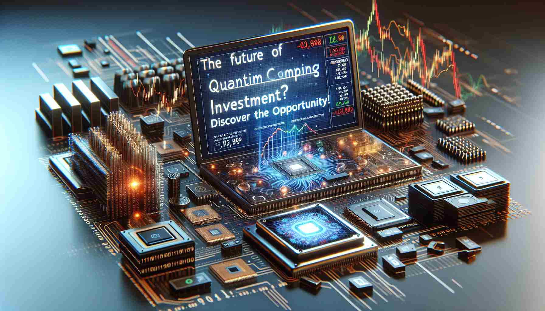 A realistic, high-definition image representing the concept of investment in Quantum Computing, foreshadowing its possible future growth. The scene could include elements like computer chips, binary codes, stock market graphs, ticker tapes and perhaps an open laptop displaying investment opportunities in the field. The words 'The Future of Quantum Computing Investment? Discover the Opportunity!' appear prominently in the image, conveying both a sense of intrigue and a call to action.