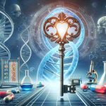 A high-definition image displaying a metaphorical representation of the future of protein research. Illustrate a large, ornate key symbolizing 'unlocking', next to a DNA double helix to represent protein research. Complement this with a futuristic backdrop to indicate upcoming advancements. Also incorporate elements of biopharma such as laboratory tools, microscopes, and pill capsules. The scene should radiate optimism and discovery, highlighting it as a game-changer in the industry.