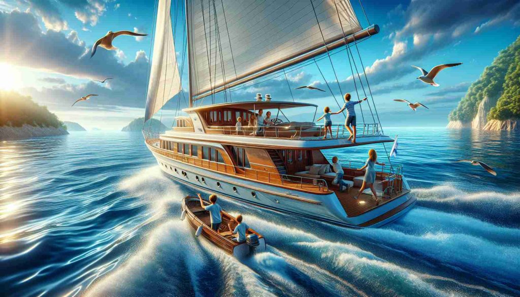 Generate a realistic, high-definition image depicting a unique family adventure. Imagine a family setting sails on a grand sea vessel, perhaps a three-storey yacht, cruising through glossy azure waters. The sky above them is clear, painted with hues of blues and whites. Children are gleefully pointing at a cluster of distant seagulls while parents are maneuvering the vessel, their faces gleaming with excitement. On the far horizon, the sun is slowly setting, casting a beautiful picturesque glow over the sea.