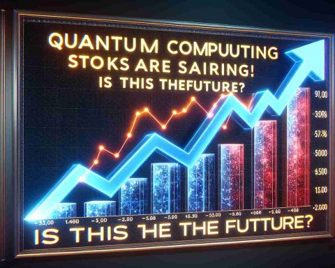 Visualize a graphic representation of a jump in quantum computing stocks. The graphic should display realistic and high-definition increasement in the stocks with the phrase 'Quantum Computing Stocks Are Soaring! Is This The Future?' on top in bold and visible letters.