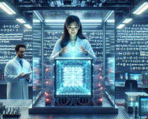 Image of a state-of-the-art quantum computing laboratory. A Caucasian female scientist is seen unveiling a cubic device pulsating with cold, neon light - the new breakthrough in quantum computing. It is surrounded by complex circuits with glowing quantum bits, representing quantum superposition. She is holding a transparent screen showing incomprehensible quantum algorithms while a South Asian male scientist peers at it excitedly. Behind them are whiteboards cluttered with equations. The room gives off a futuristic vibe, with overhead lights softly illuminating the metallic surfaces. The picture is expected to be in HD and watching it should provide a feeling akin to witnessing a revolutionary breakthrough in the field of quantum computing.