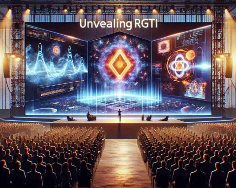 A detailed image of a grand event showcasing the future of Quantum Technology, labeled as 'Unveiling RGTI'. The scene includes a large stage with a giant screen demonstrating quantum tech concepts. Alongside the visually enticing animations on the screen, there is a speaker on the stage presenting strategic insights and leading the audience into the future of technology. The high-quality image captures the excitement and importance of the moment, with eager spectators keen to know about the upcoming advancements in Quantum Technology.