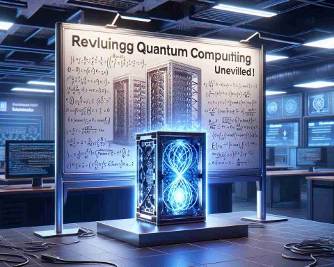 An image that portrays the concept of revolutionizing quantum computing. The scene contains a computer lab with a complex whiteboard-etched mathematical formula and intricately designed quantum computer hardware glowing with blue lights. Nearby, a banner with the text 'Exciting New Developments Unveiled!' hangs, symbolizing recent breakthroughs. Render it realistically and in HD quality.