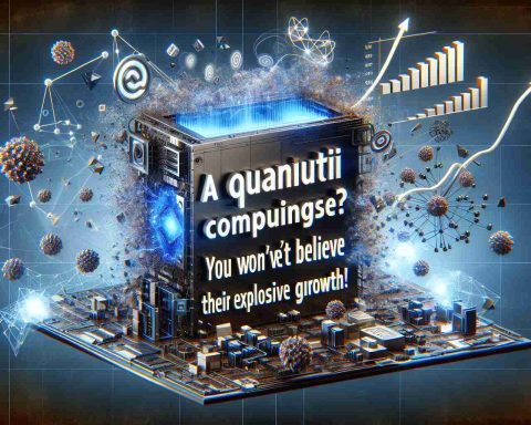 Render a realistic high-definition image of the title 'Is Rigetti Computing a Quantum Powerhouse? You Won't Believe Their Explosive Growth!', possibly surrounded by elements that represent quantum computing concepts and explosive growth such as qubits, networking symbols, graphs showing rapid increase, and abstract digital elements.