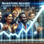 An HD photo representing the concept of increased stock price, specifically for a technology company in the quantum computing sector. The image showcases a group of diverse investors, an Indian woman and a black man, both dressed in business attire. They are looking at an oversize, upward-trending graph, with the trajectory reaching an exceptional height. They are clapping and looking very pleased, symbolizing a significant increase in the company's stock price. The title 'Investors Rejoice! A Quantum Leap in Stock Price' is displayed prominently as text on the image.