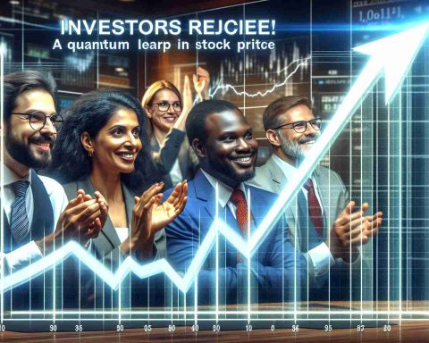 An HD photo representing the concept of increased stock price, specifically for a technology company in the quantum computing sector. The image showcases a group of diverse investors, an Indian woman and a black man, both dressed in business attire. They are looking at an oversize, upward-trending graph, with the trajectory reaching an exceptional height. They are clapping and looking very pleased, symbolizing a significant increase in the company's stock price. The title 'Investors Rejoice! A Quantum Leap in Stock Price' is displayed prominently as text on the image.