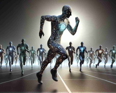 Create a high definition, realistic image symbolizing a heated competition in the field of quantum computing. The central focus should be a runner, wearing a suit covered with quantum computer circuits, sprinting ahead of a crowd of other, uniquely designed quantum computer-themed runners. Create ambient lighting to amplify the sense of competition. Remember to maintain a touch of illusion to represent the abstract concept of quantum physics. Please do not include any recognizable figures or company logos.