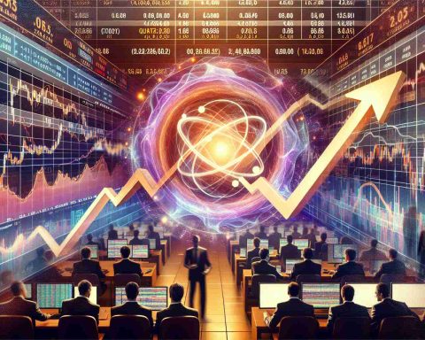 Generate a realistic HD image that represents a surge in quantum stocks. This image should reflect the overall sense of excitement and energy in the stock market. Include images of trading screens displaying uptrends, investors actively trading, and possibly symbolic images of arrows or bulls to reference growth. Lastly, show some latest trends in quantum tech stocks such as trends line, pie charts, and diagrams.