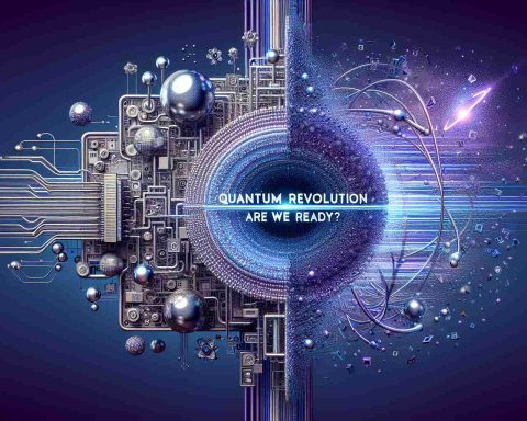 Generate an HD quality, realistic visual representation of the quantum revolution. The image concept could perhaps include symbolically significant elements such as quantum bits (qubits), entangled particles, and a supercomputer. In addition, overlay the text 'Quantum Revolution is Here. Are We Ready?' in bold, uppercase letters, entering the scene from the upper right corner, cascading downward towards the lower left. The color scheme should involve hues of purple, blue and silver, reflecting the cool, futuristic tone of quantum technology.