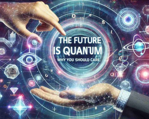 Generate a detailed, high-definition picture embodying the concept of 'The Future is Quantum'. This should demonstrate why it's critical for people to pay attention. The photo should depict elements related to quantum physics, such as quantum particles or quantum mechanics symbols, along with futuristic elements that convey progress and innovation. The phrase 'The Future is Quantum. Why You Should Care.' should be prominently featured in the picture.